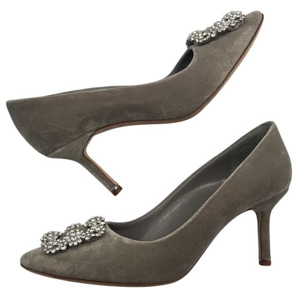 Manolo Blahnik Hangisi Swarovski Crystal Velvet Pointed Toe Pumps Heels Gray 7 - Picture 12 of 12